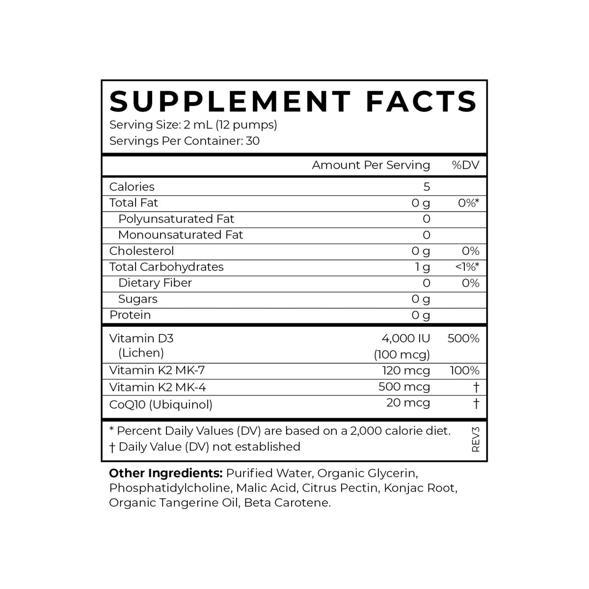 Oral Care Tooth Nutrition: Liposomal Plant-Based Vitamin D3 + K2 + CoQ10 supplement facts label