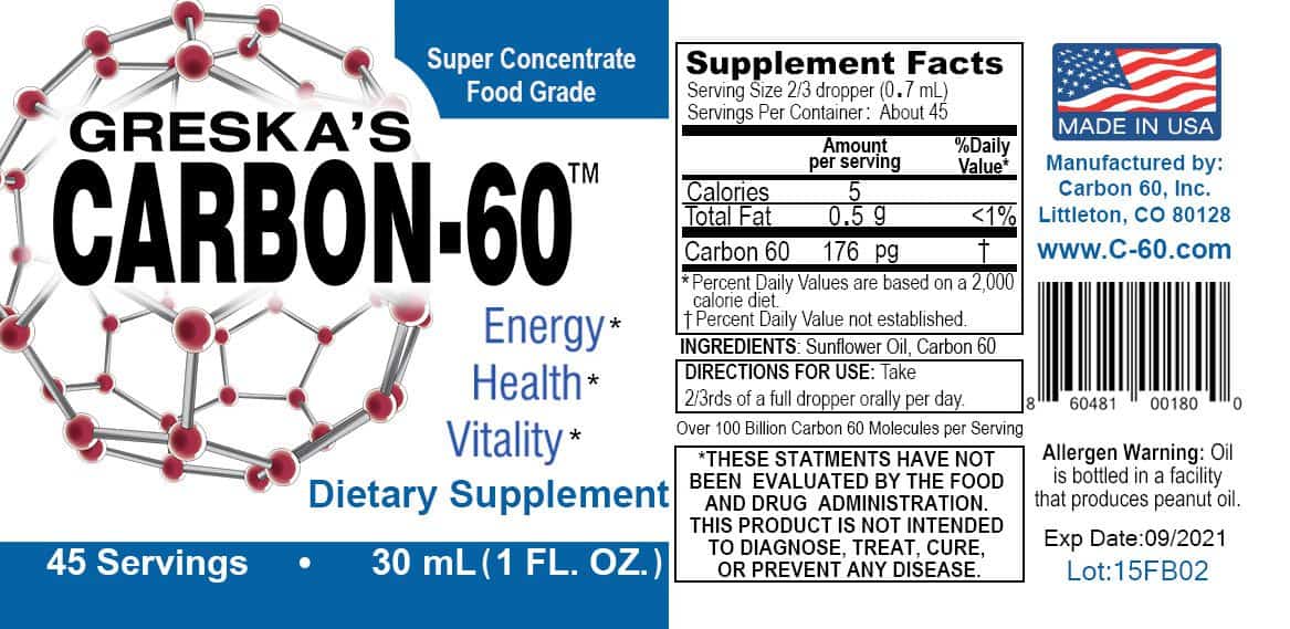 Greska's Carbon-60 (C60) in Sunflower Oil supplement facts label