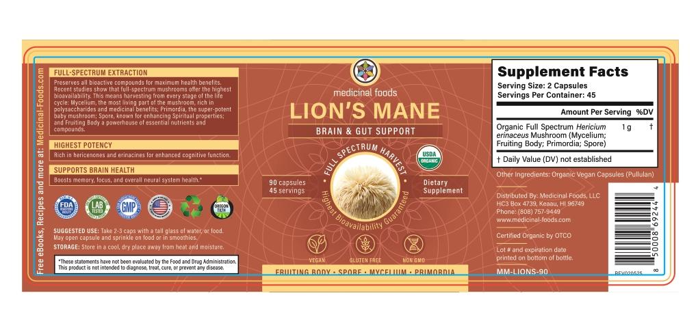 Lion's Mane Mushroom Capsules supplement facts label