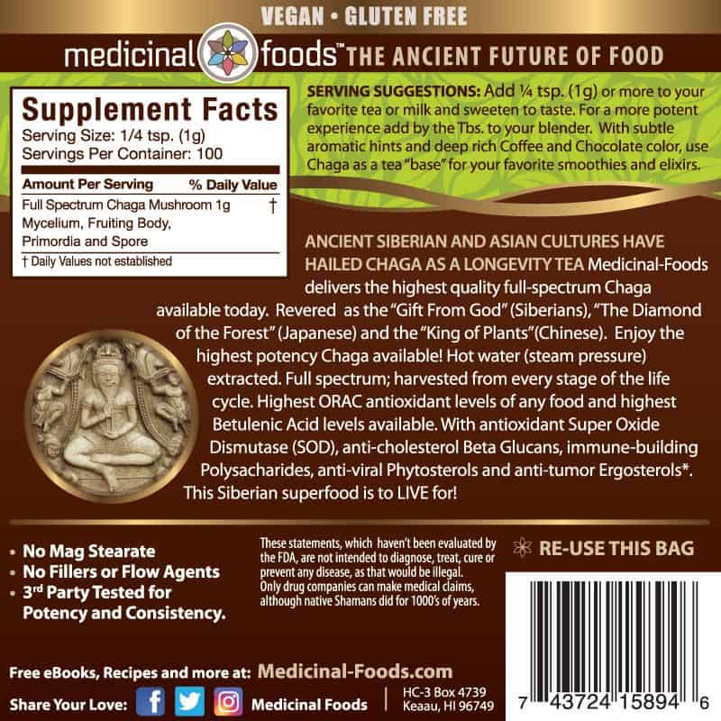 Chaga Mushroom Powder supplement facts label