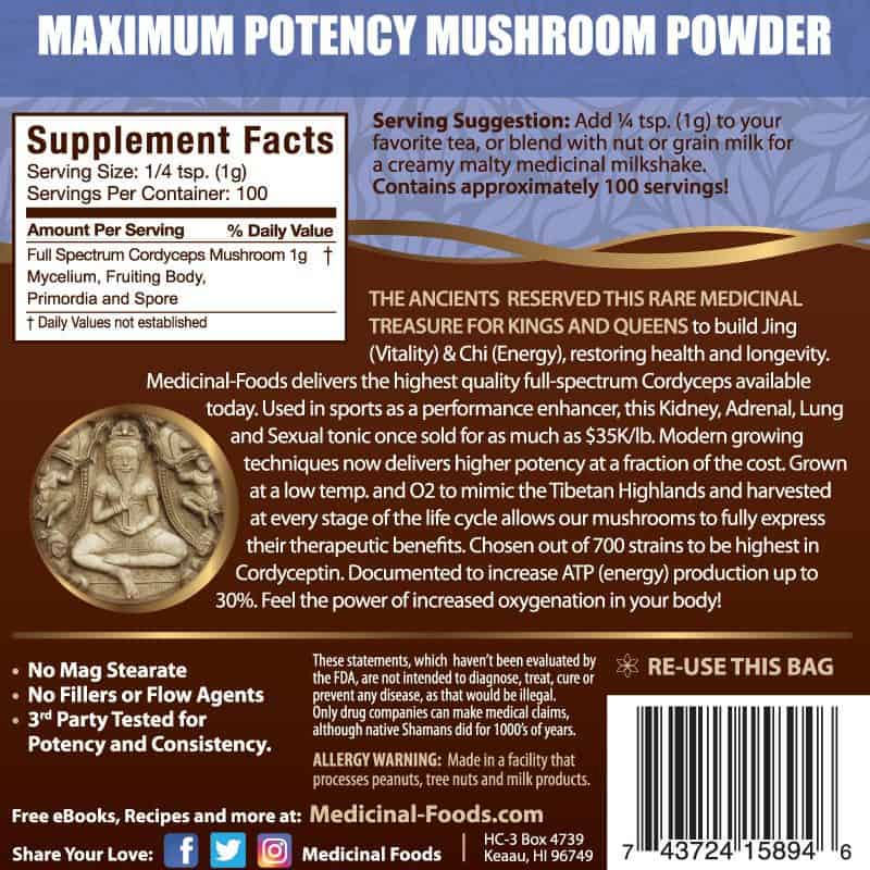 Cordyceps Mushroom Powder supplement facts label