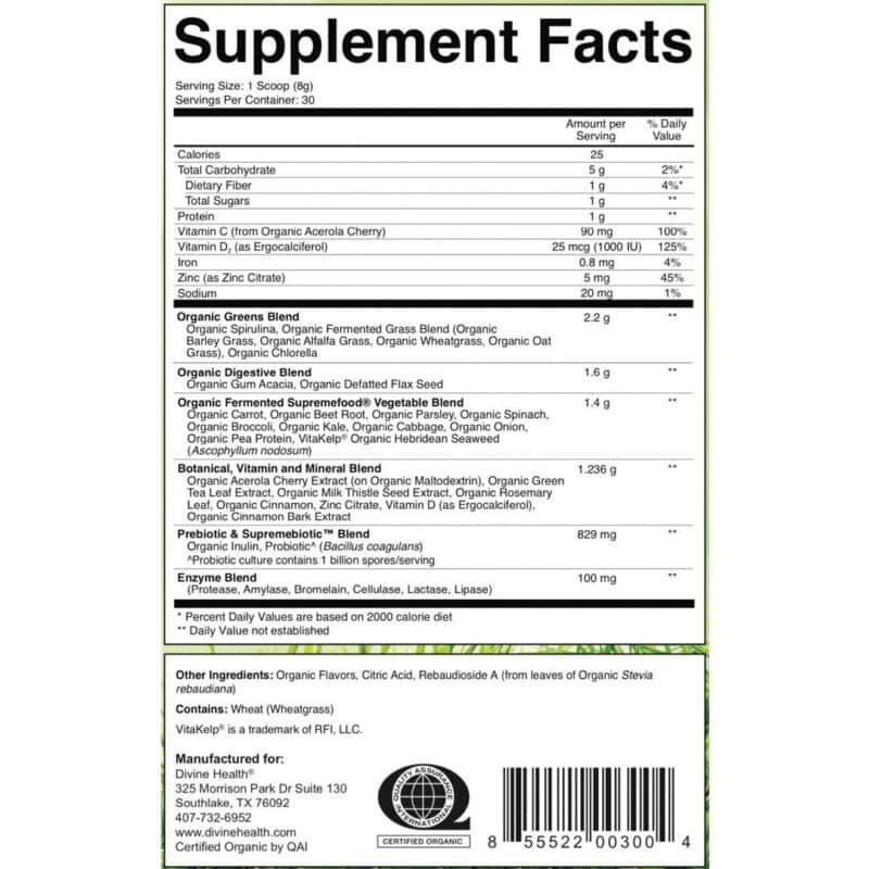 Divine Health Fermented Green Supremefood Powder supplement facts label