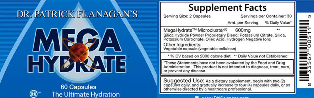 MegaHydrate Silica Hydride by Dr. Patrick Flanagan supplement facts label